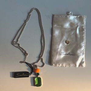 Silver Necklace with Green and Orange Pendant